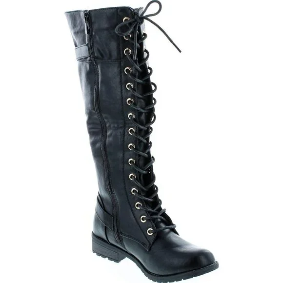 Mango 27 Womens Knee High Buckle Riding Lace Up adjustable Black Long Boots - Picture 7 of 8